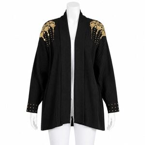 Marshall Rousso Cardigan Women OS Black Gold Lace Applique Studded Open Front